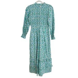 Pink City Prints Tuckernuck Isabel Smocked High Neck Midi Dress Green Blue XS